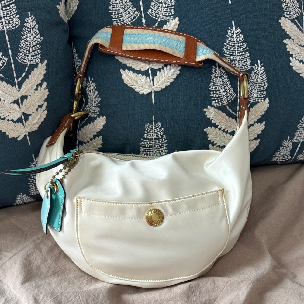 Coach White and Brown Shoulder Bag with Blue Accents